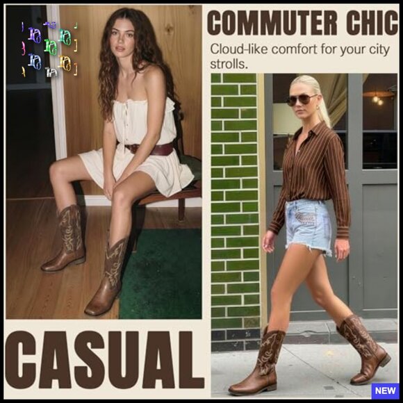 Square Toe Mid Calf Cowboy Boots Embroidered Western Fashion Chunky Heel - Picture 4 of 7